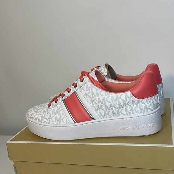 Michael Kors Poppy stripe lace up sneaker shoes bright white grapefruit color - Picture 6 of 14